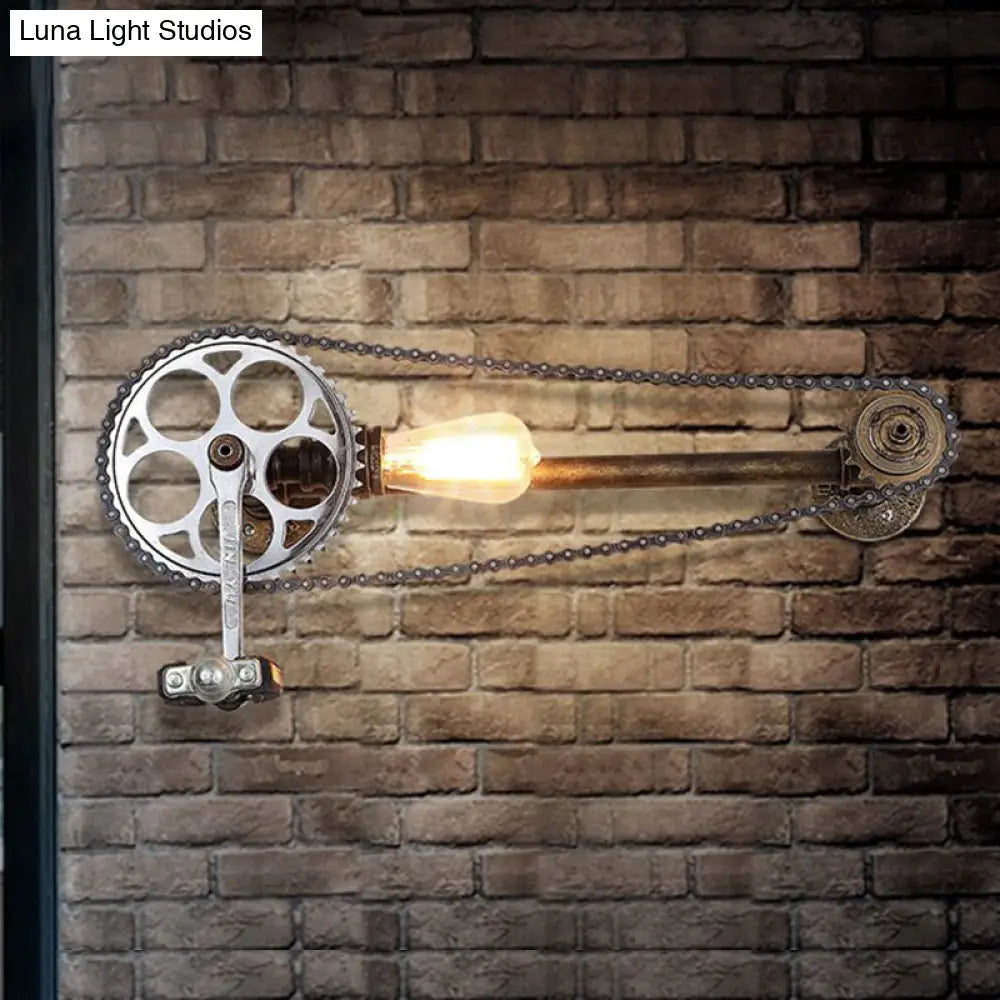 Aplique de pared industrial con diseño de bicicleta: 1 luz, bombilla desnuda, soporte metálico en bronce para casa de campo.