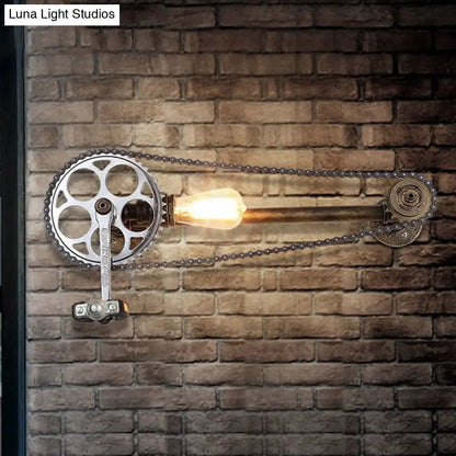 Aplique de pared industrial con diseño de bicicleta: 1 luz, bombilla desnuda, soporte metálico en bronce para casa de campo.