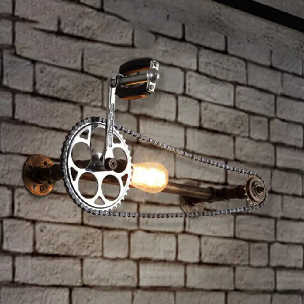 Aplique de pared industrial con diseño de bicicleta: 1 luz, bombilla desnuda, soporte metálico en bronce para casa de campo.