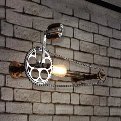Aplique de pared industrial con diseño de bicicleta: 1 luz, bombilla desnuda, soporte metálico en bronce para casa de campo.