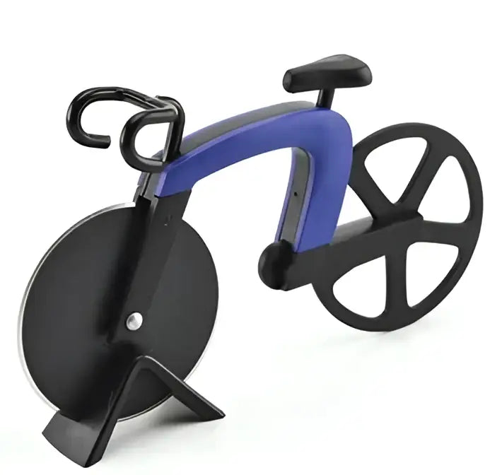 Blue and black stainless steel pizza cutter designed as a bike wheel for efficient kitchen slicing