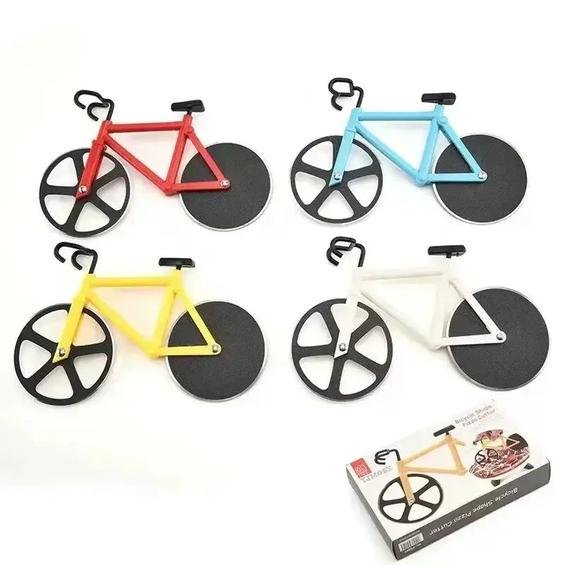 Set of four stainless steel bike wheel pizza cutters in red blue yellow and white for kitchen use