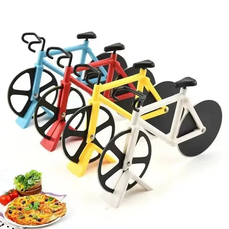 Set of four colorful bicycle stainless steel pizza cutter slicers with bike wheel design in blue red yellow and white plastic
