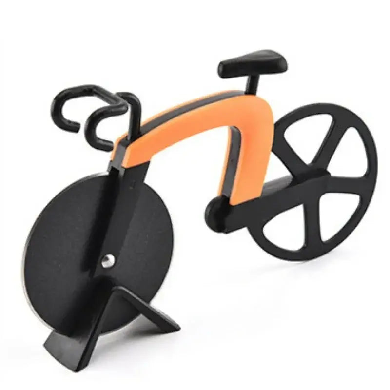 Orange and black bicycle stainless steel pizza cutter with circular bike wheel blade for kitchen slicing tasks