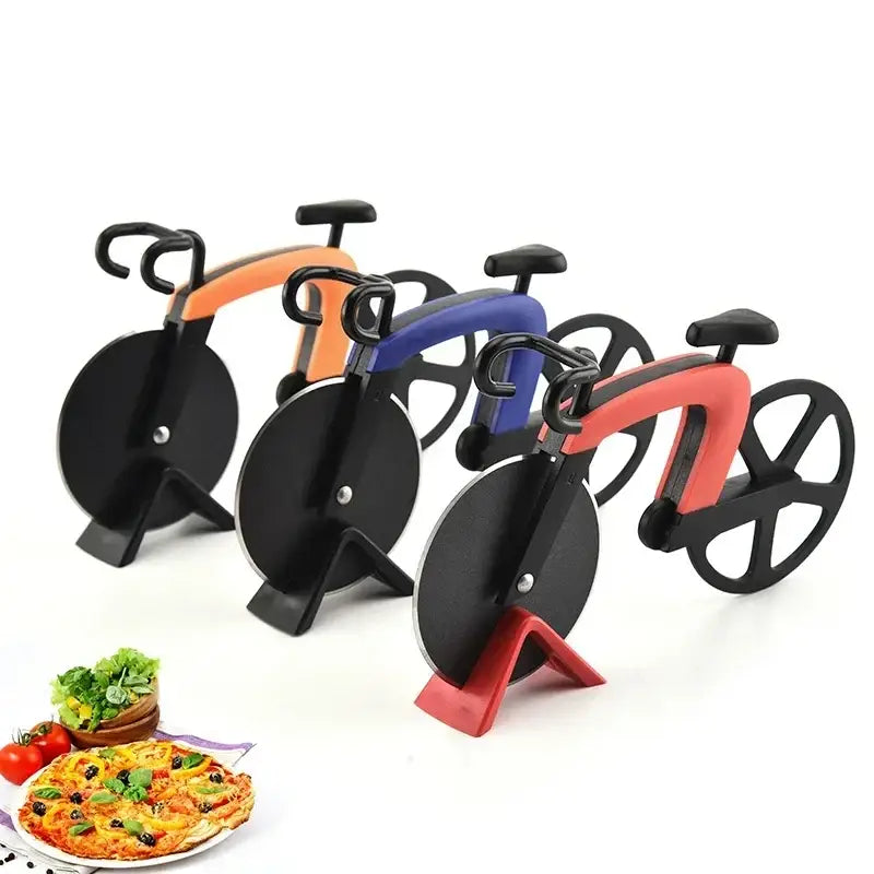 Three stainless steel bicycle pizza cutters in orange blue and red with bike wheel blades and black handles