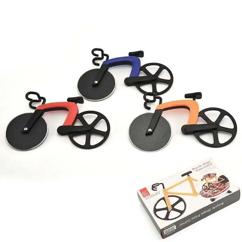 Bicycle stainless steel pizza cutter slicer set in blue red and orange with black bike wheel blades and handles