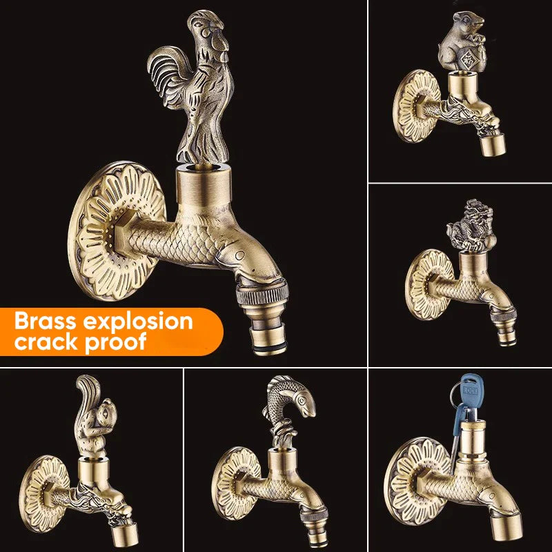 Antique bronze Bidcock outdoor washing machine faucet with brass ornate rooster squirrel dragon and fish spouts