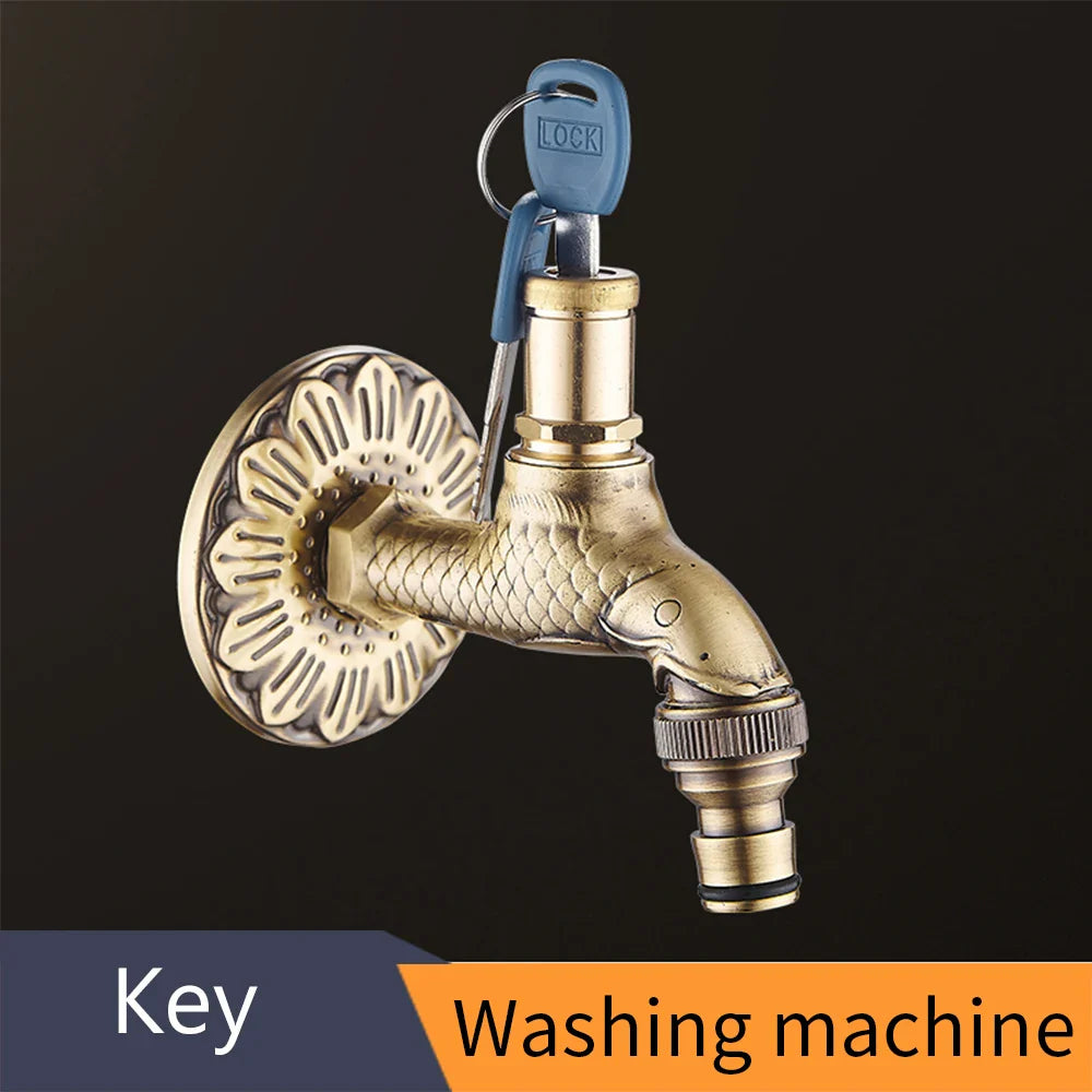 Brass fish-shaped bidcock faucet with antique bronze finish and key lock for washing machine and garden use