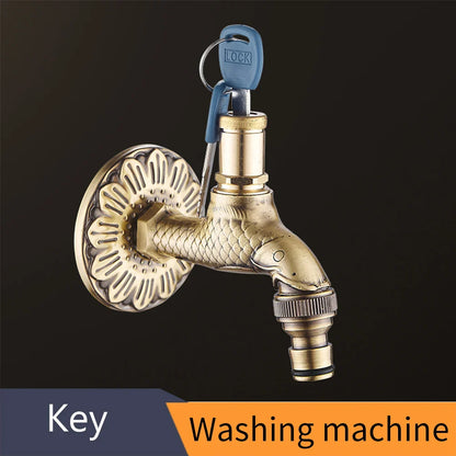 Brass fish-shaped bidcock faucet with antique bronze finish and key lock for washing machine and garden use