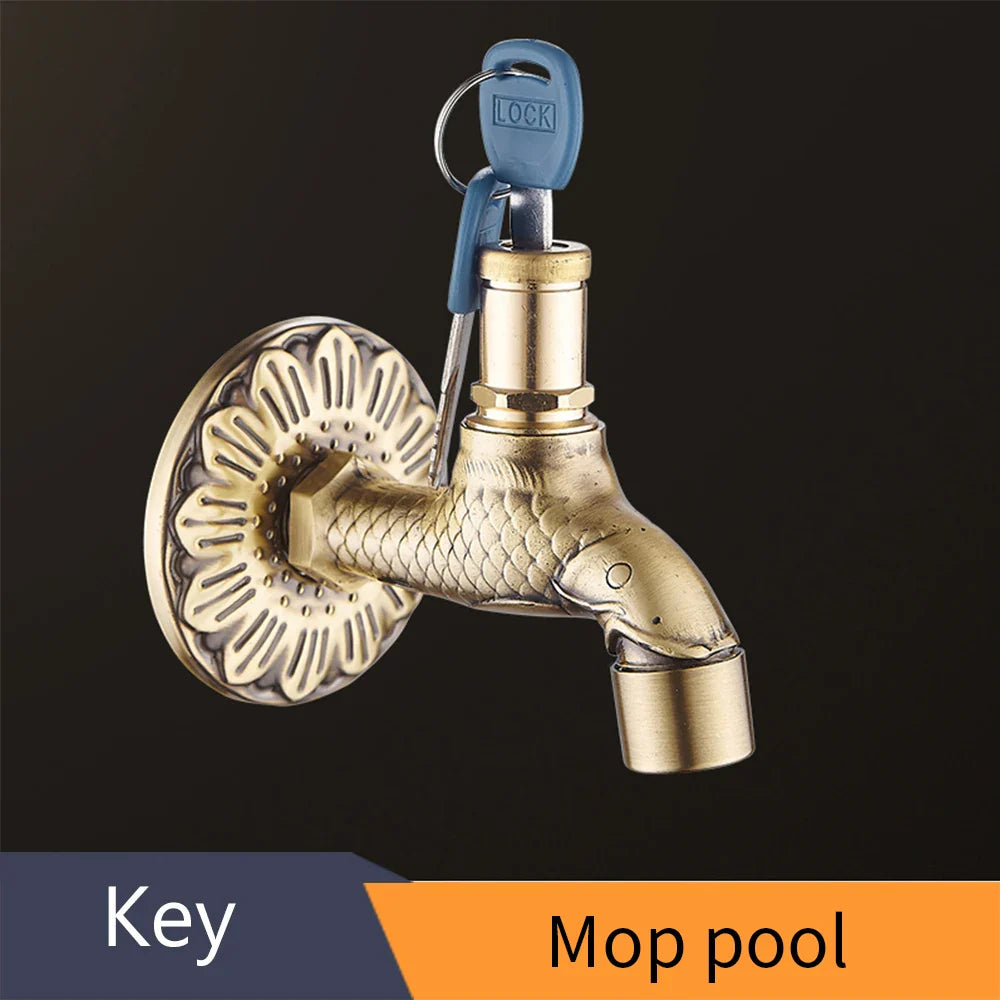 Antique bronze brass fish-shaped bidcock faucet with floral backplate and key lock for washing machine use
