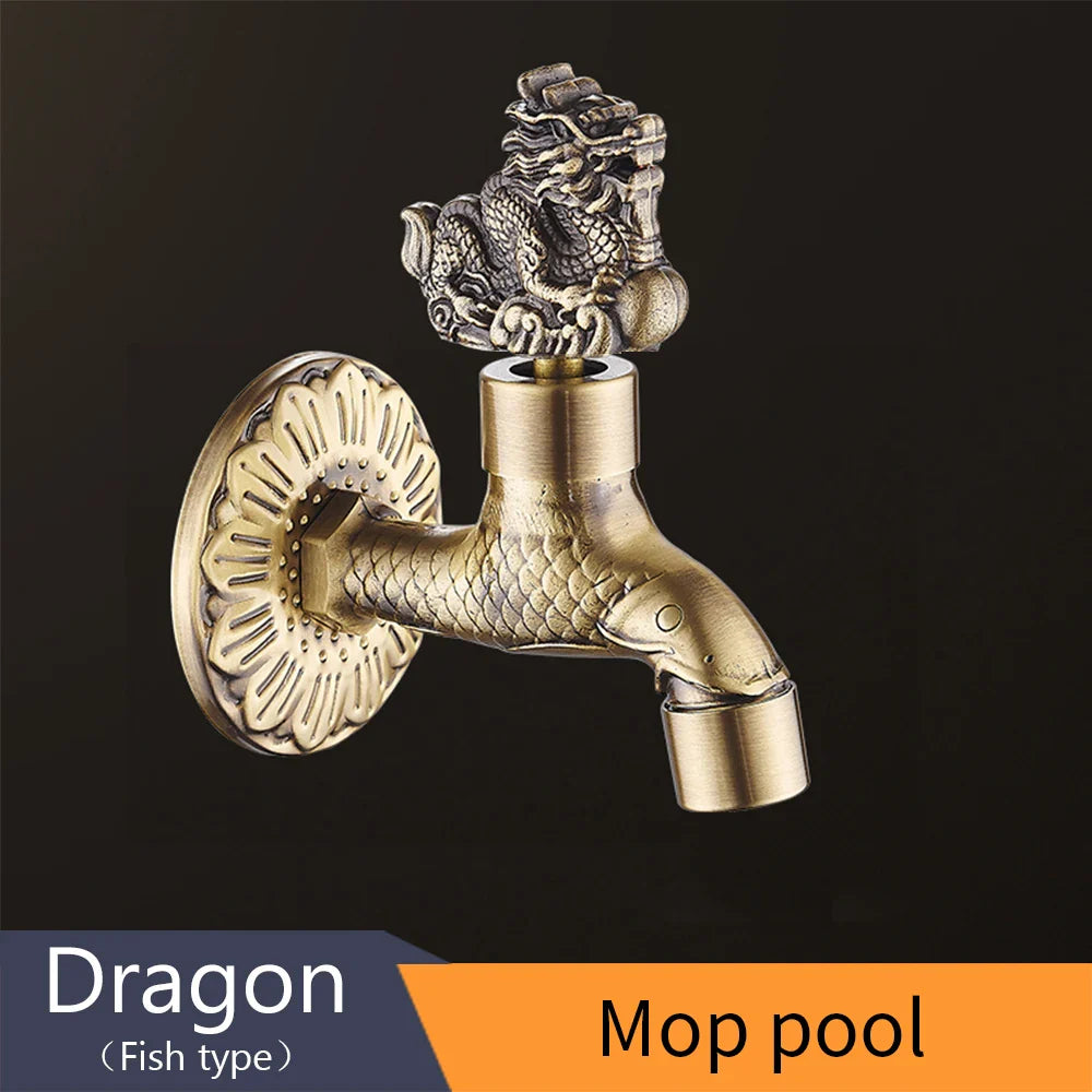 Antique bronze Bidcock washing machine faucet with brass finish and intricate dragon and fish carved designs