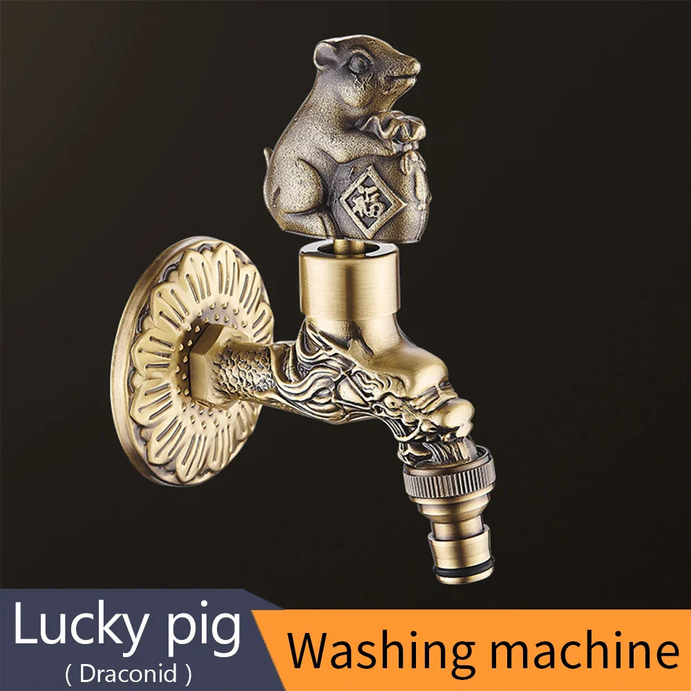 Antique bronze bidcock faucet with ornate lucky pig and dragon design for washing machine and garden use