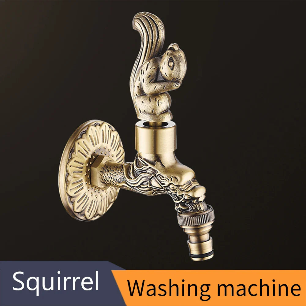 Antique bronze washing machine faucet with brass squirrel design and floral wall plate for garden or bathroom use