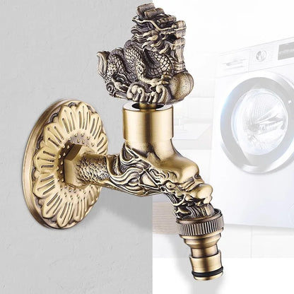 Antique bronze bidcock faucet with brass dragon carving and fluted wall plate for washing machine and garden use