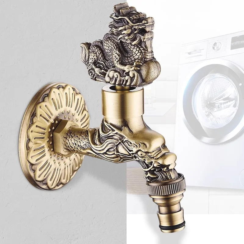 Antique bronze bidcock faucet with brass dragon carving and fluted wall plate for washing machine and garden use