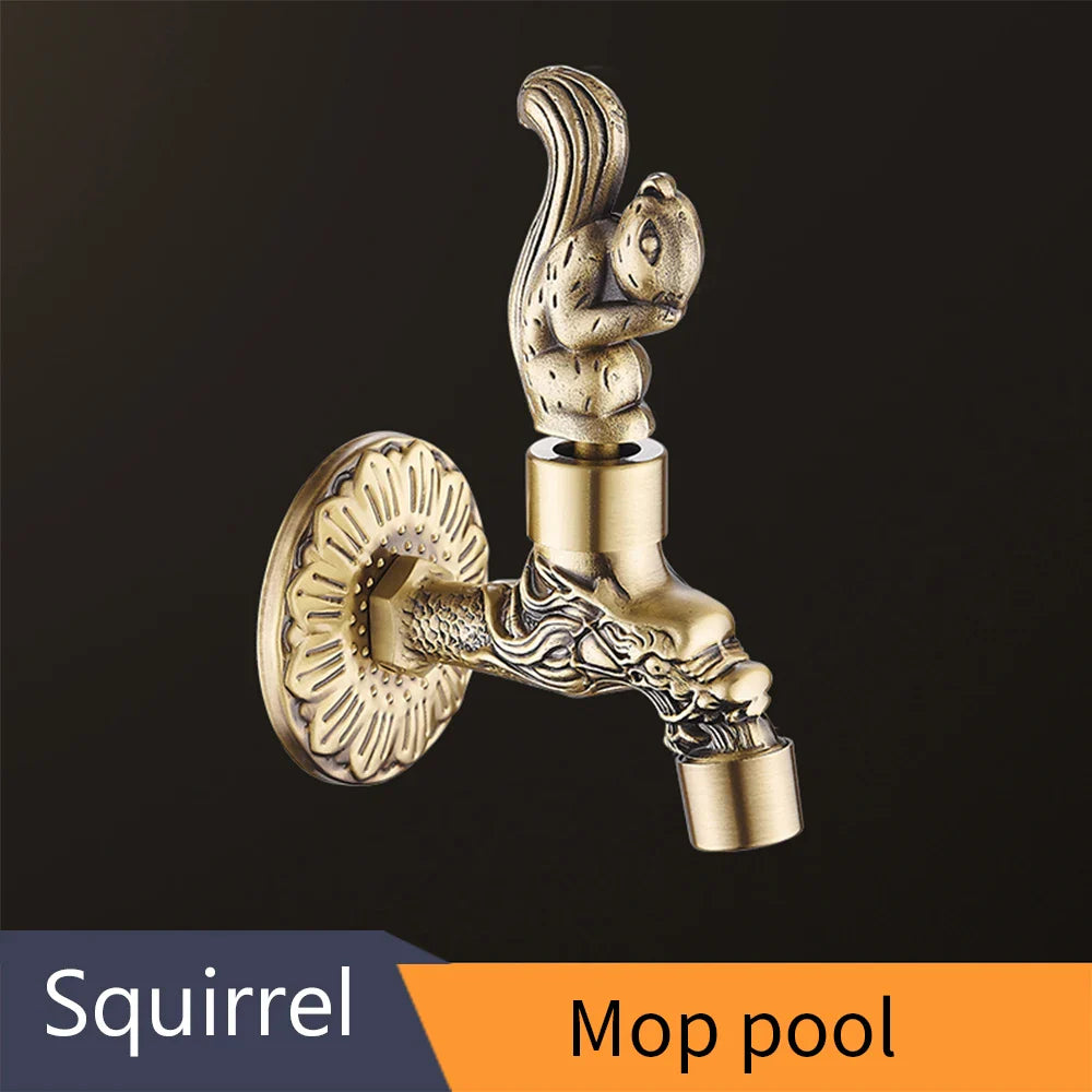 Bidsock antique bronze brass washing machine faucet with squirrel motif dragon head spout and floral wall plate