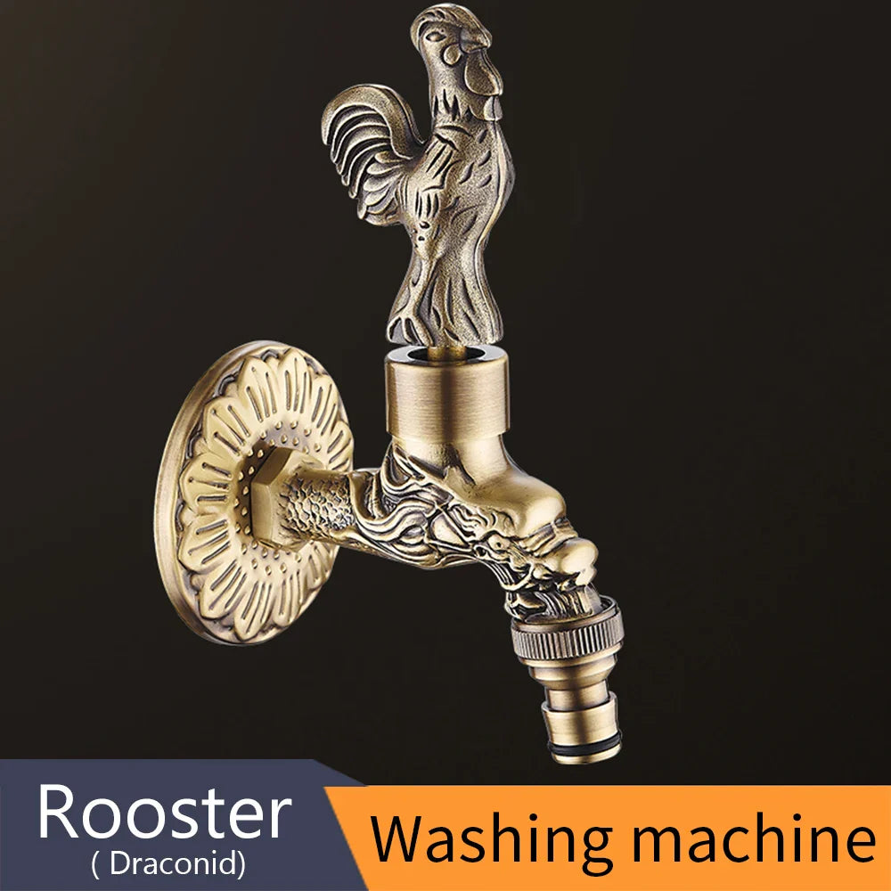 Antique brass finished bidcock faucet with ornate rooster and dragon heads designed for washing machine use