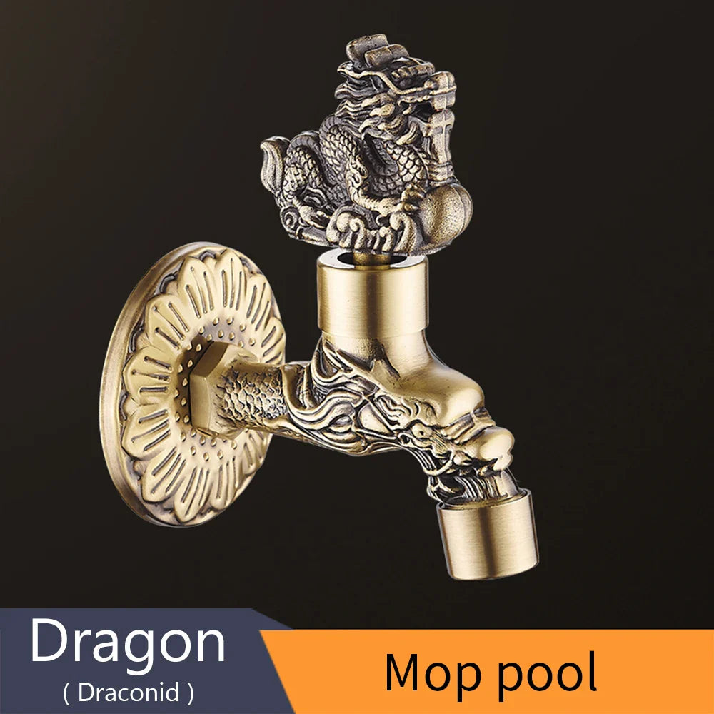 Antique bronze bidcock faucet with brass dragon carving designed for washing machine and outdoor garden use