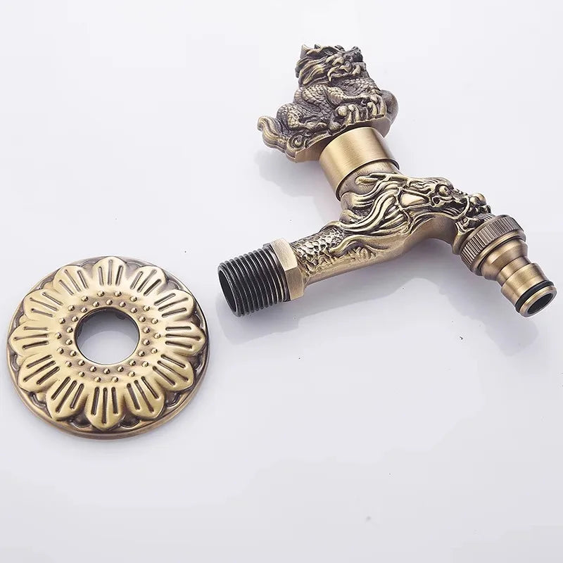 Bidcock antique bronze washing machine faucet with brass dragon and lion carvings and ornate floral escutcheon plate for garden use