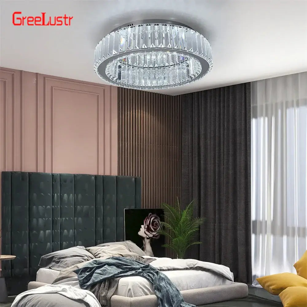 Big crystal round led dimmable chandelier with chrome frame and faceted glass elements by greelustr decorbites big crystal
