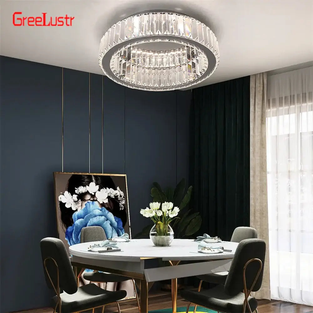 A greelustr big crystal round led dimmable chandelier with clear crystal facets and metallic frame for living room decorbites big crystal