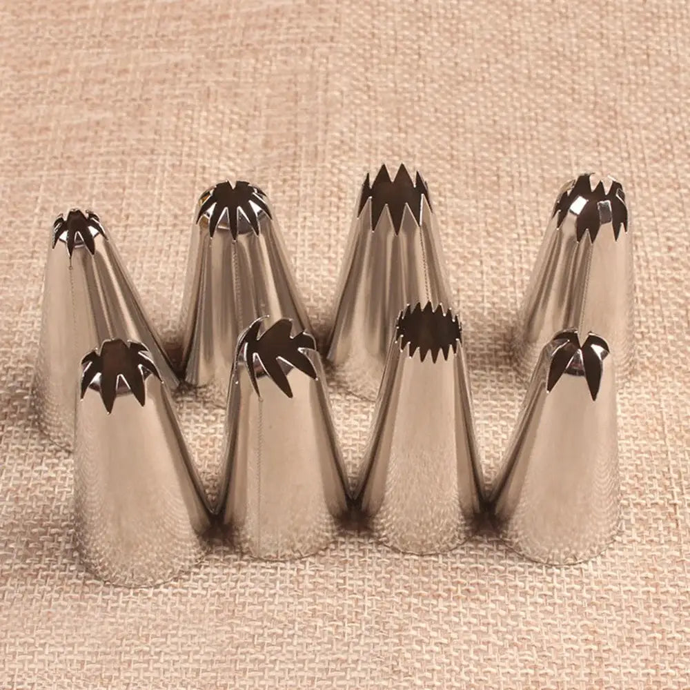 Set of eight stainless steel big size russian pastry nozzles with star-shaped tips for kitchen cake decorating decorbites big size