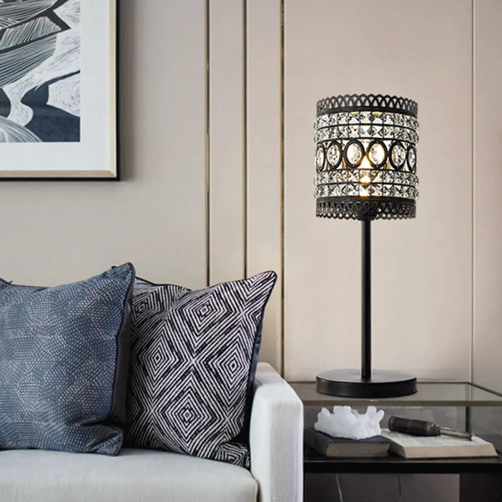 Biham - Lámpara de mesa de noche cilíndrica moderna. Lámpara de mesilla de noche metálica moderna de 1 cabezal con detalle de cristal en negro.