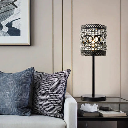 Biham - Lámpara de mesa de noche cilíndrica moderna. Lámpara de mesilla de noche metálica moderna de 1 cabezal con detalle de cristal en negro.