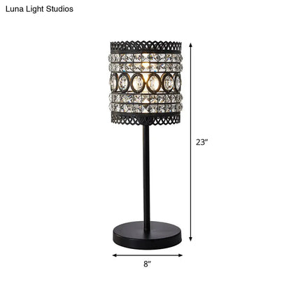 Biham - Lámpara de mesa de noche cilíndrica moderna. Lámpara de mesilla de noche metálica moderna de 1 cabezal con detalle de cristal en negro.