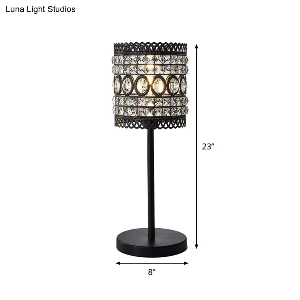 Biham - Lámpara de mesa de noche cilíndrica moderna. Lámpara de mesilla de noche metálica moderna de 1 cabezal con detalle de cristal en negro.