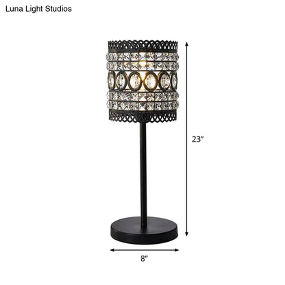 Biham - Lámpara de mesa de noche cilíndrica moderna. Lámpara de mesilla de noche metálica moderna de 1 cabezal con detalle de cristal en negro.