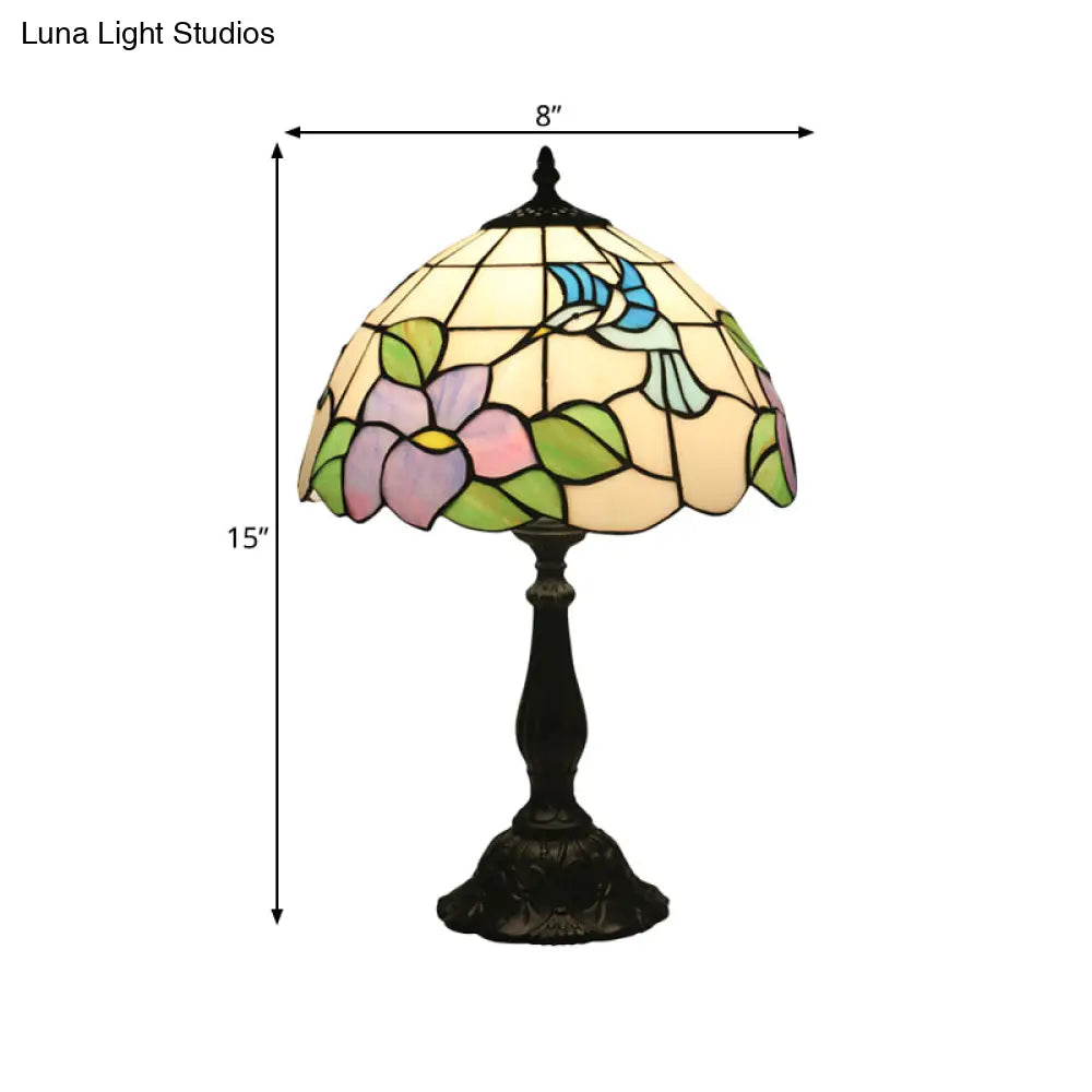 Lámpara de escritorio con forma de pájaro y flor - Lámpara de mesa barroca de vidrieras en bronce