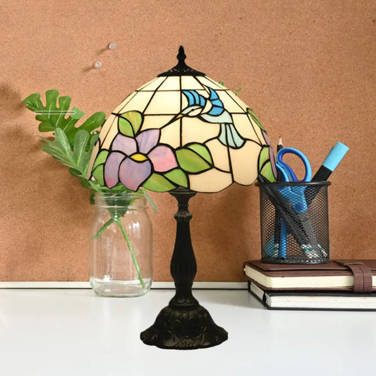 Bird and Flower Desk Light - Stained Glass Baroque Table Lamp in Bronze