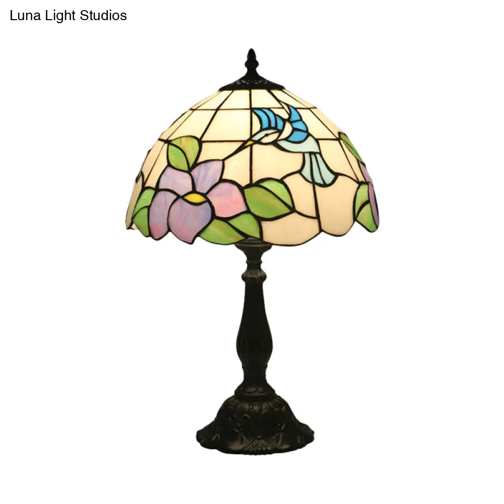 Lámpara de escritorio con forma de pájaro y flor - Lámpara de mesa barroca de vidrieras en bronce