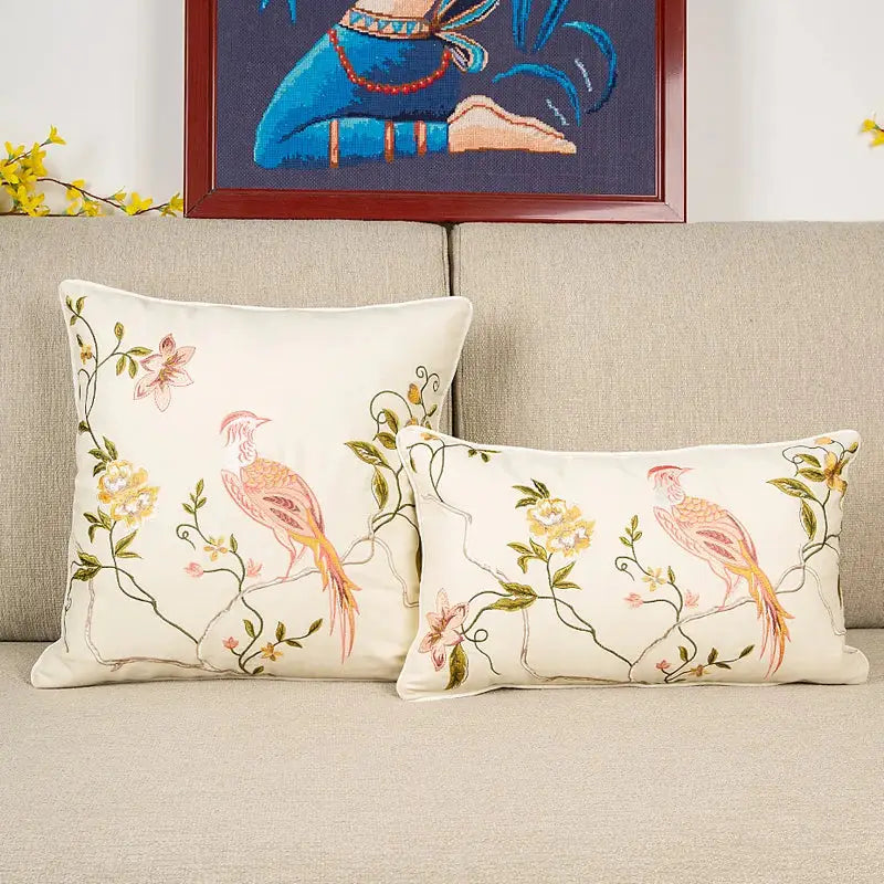 Cream-colored bird embroidered cotton cushion cover with intricate floral vines for living room decorbites decor