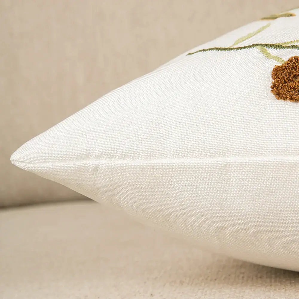 White linen bird embroidered cotton cushion cover with green stem and brown floral detail for living room decorbites decor