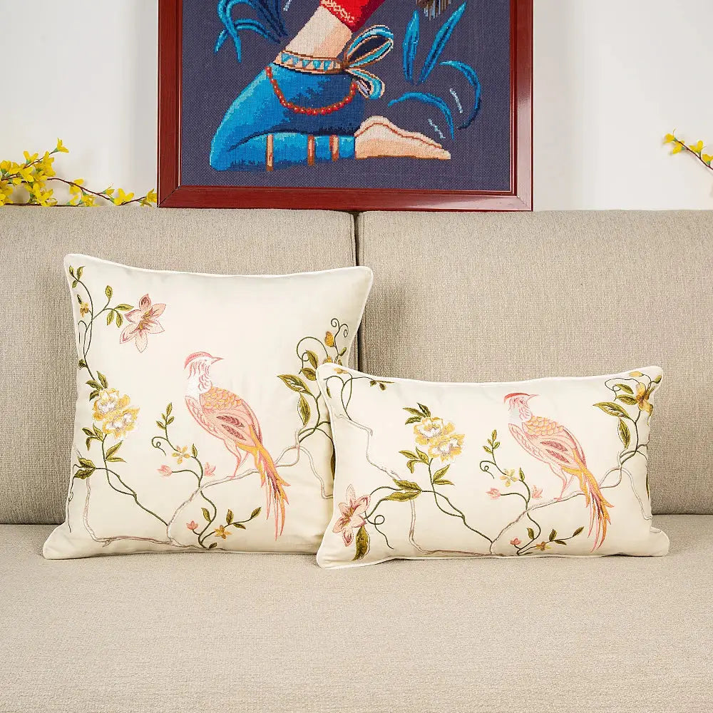 Cream-colored bird embroidered cotton cushion cover with delicate pink and gold birds for living room decorbites decor
