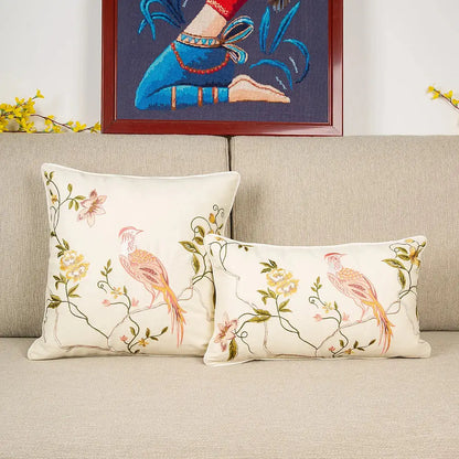 Cream-colored bird embroidered cotton cushion cover with delicate pink and gold birds for living room decorbites decor