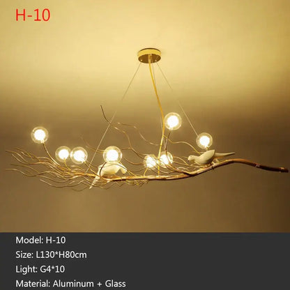 Gold-toned aluminum bird nest led pendant light with glass globe lights and white ceramic birds for dining room decor