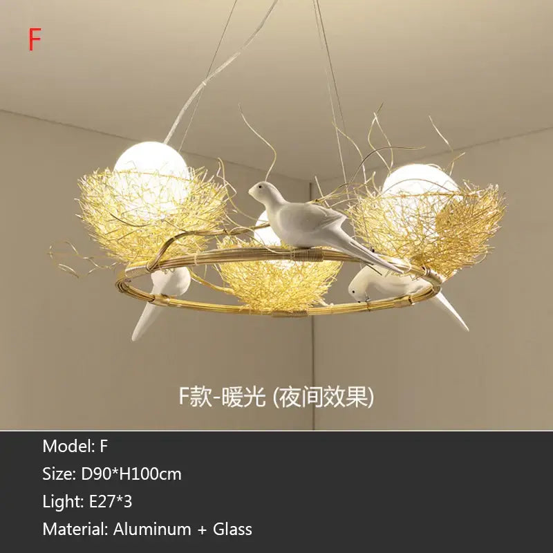 A modern bird nest led pendant light with golden woven nests, glowing bulbs, and white ceramic doves on aluminum ring