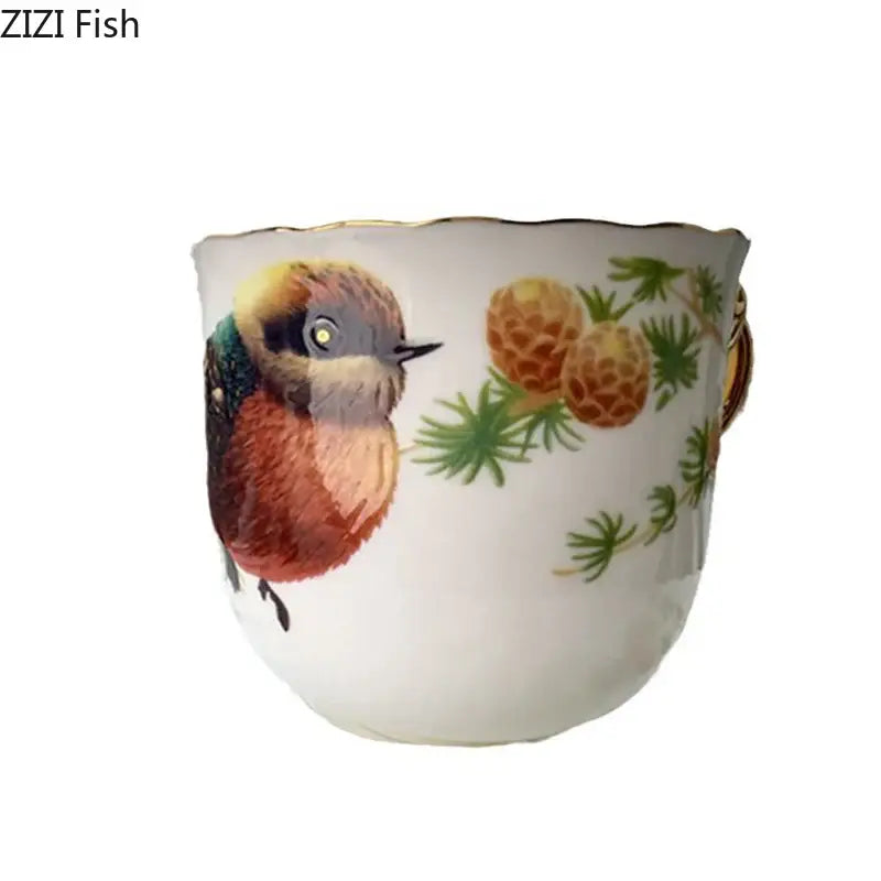 White porcelain bird pattern ceramic gold trimmed mug and saucer set with colorful bird decorbites bird pattern