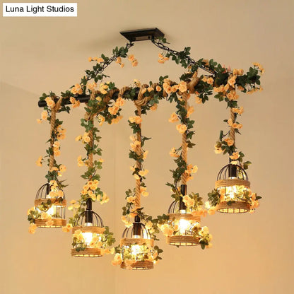 مصباح معلق من حبل القنب الصناعي على شكل قفص طيور من DecorBites™ - إضاءة سقف سوداء 3/5 ضوء لجزيرة المطعم