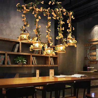 مصباح معلق من حبل القنب الصناعي على شكل قفص طيور من DecorBites™ - إضاءة سقف سوداء 3/5 ضوء لجزيرة المطعم