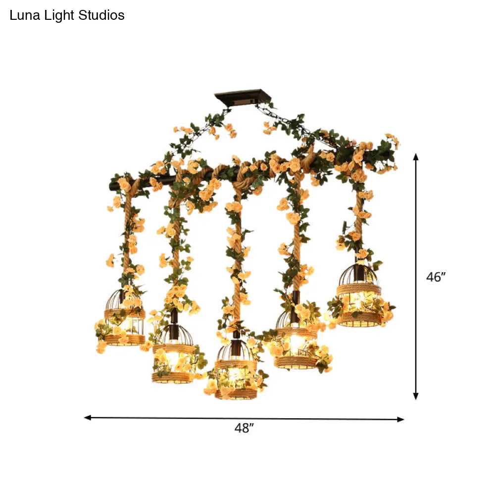 مصباح معلق من حبل القنب الصناعي على شكل قفص طيور من DecorBites™ - إضاءة سقف سوداء 3/5 ضوء لجزيرة المطعم