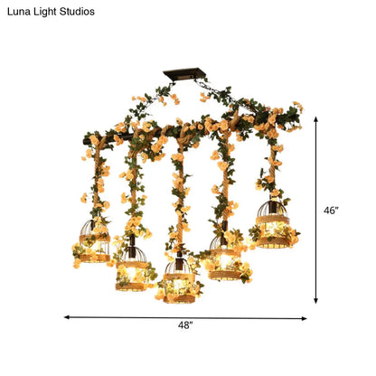 مصباح معلق من حبل القنب الصناعي على شكل قفص طيور من DecorBites™ - إضاءة سقف سوداء 3/5 ضوء لجزيرة المطعم