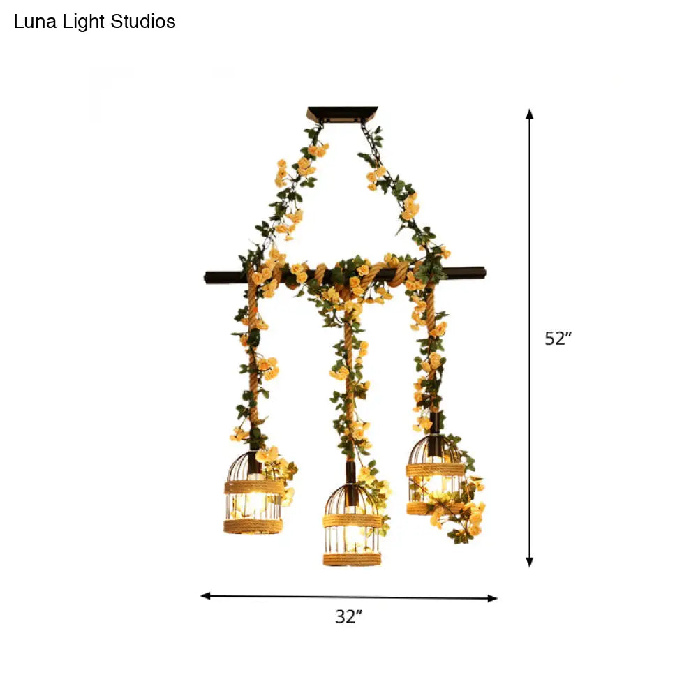 مصباح معلق من حبل القنب الصناعي على شكل قفص طيور من DecorBites™ - إضاءة سقف سوداء 3/5 ضوء لجزيرة المطعم