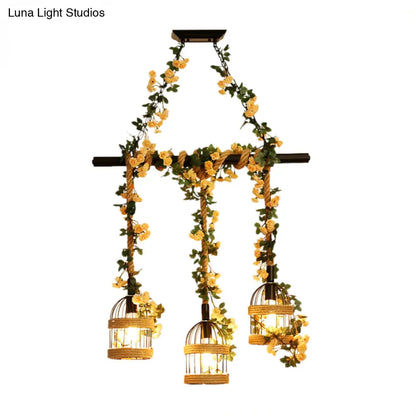 مصباح معلق من حبل القنب الصناعي على شكل قفص طيور من DecorBites™ - إضاءة سقف سوداء 3/5 ضوء لجزيرة المطعم