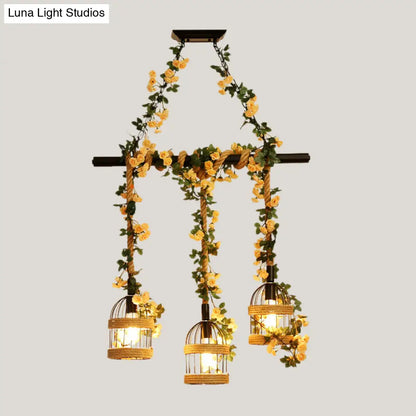 مصباح معلق من حبل القنب الصناعي على شكل قفص طيور من DecorBites™ - إضاءة سقف سوداء 3/5 ضوء لجزيرة المطعم