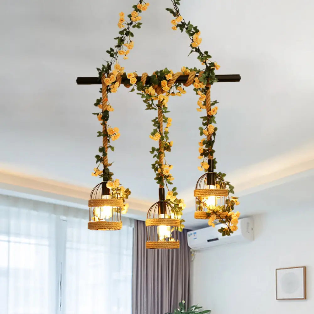 مصباح معلق من حبل القنب الصناعي على شكل قفص طيور من DecorBites™ - إضاءة سقف سوداء 3/5 ضوء لجزيرة المطعم