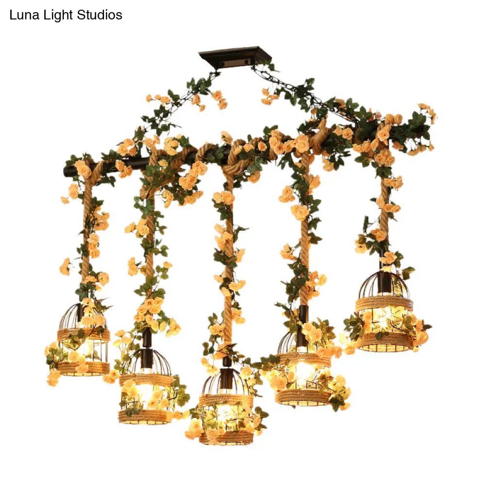 مصباح معلق من حبل القنب الصناعي على شكل قفص طيور من DecorBites™ - إضاءة سقف سوداء 3/5 ضوء لجزيرة المطعم